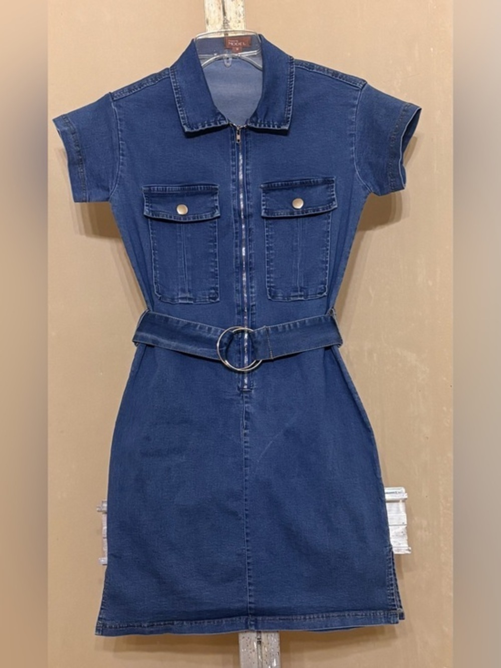 Fashion Model Denim Zip Mini Dress M Y2K Utility Belted Western Workwear